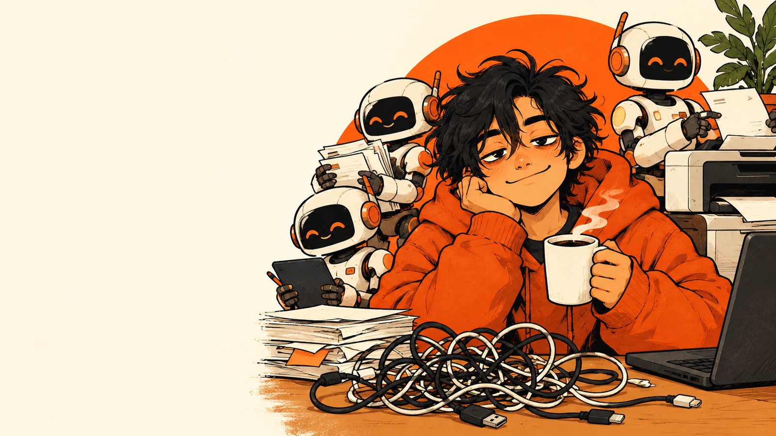 Still holds a coffee while cheerful robots tackle the office work